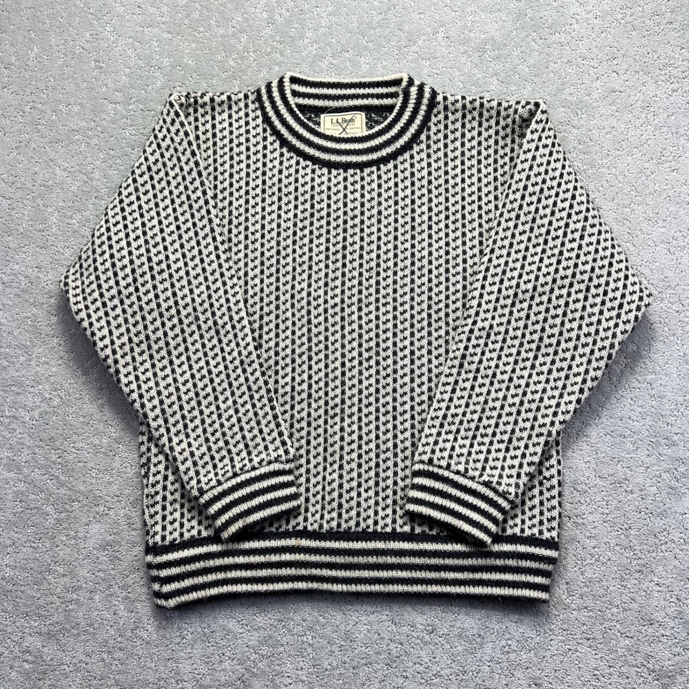 VINTAGE LL Bean Sweater Womens M White Black Birds Eye Wool Blend Made in Norway